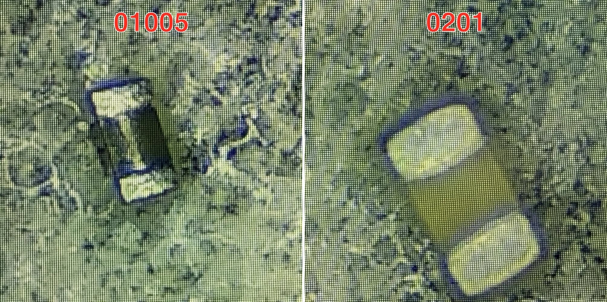 Componentes chip 01005 y 0201 comparados lado a lado bajo el microscopio de producción